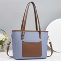 Fashion patchwork bucket bag in blue canvas and brown leather with shoulder strap - Blue