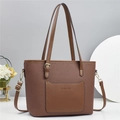 Brown woven tote bag with smooth leather trim and adjustable shoulder strap for women - Earthy Yellow