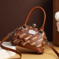 Brown handbag with vintage H-pattern texture and a cute matching dog charm - Coffee