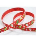 Detail of red Christmas ribbon featuring green gloves and snowflakes pattern decoration - 1cm Red Christmas Gloves Print Ribbon (1 Yard)