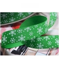 Green Christmas ribbon with white snowflake patterns for DIY gift wrapping - 2.5cm Green Snowflake Grosgrain Ribbon (1 Yard)