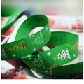 Green ribbed Christmas ribbon with white and red tree patterns for gift wrapping - 2.5cm Green Christmas Tree Print Ribbon (1 Yard)