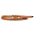 Brown skinny patent leather belt for women featuring a golden horseshoe buckle and tip - Camel