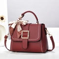 Burgundy lychee pattern crossbody bag with golden buckle and silk scarf decoration - Burgundy / 22x17x11cm