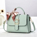 Elegant mint green crossbody bag with gold buckle and decorative patterned silk scarf - Green / 22x17x11cm