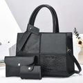 Set di 3 borse nere da donna con trama a coccodrillo e finiture in metallo dorato - Nero