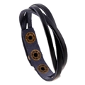 Braided black leather wrap bracelet with adjustable bronze metal snap buttons - Black