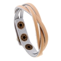 Braided beige leather bracelet with three vintage bronze adjustable metal snaps - Beige