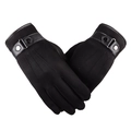 Men's winter black faux suede touchscreen gloves with leather wrist buckle strap - Three-Rib Decorative Style / Black