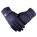 Men's winter suede touch screen gloves in navy blue with leather buckle strap detail - Three-Rib Decorative Style / Blue