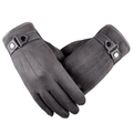 Men's winter gray suede touchscreen gloves with warm fleece lining and leather wrist strap - Three-Rib Decorative Style / Gray