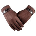Men's brown suede winter gloves with adjustable wrist buckle and touch screen support - Three-Rib Decorative Style / Brown