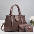 Three-piece striped tote bag set with wallet and card holder in brown faux leather - Coffee