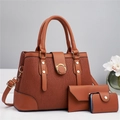 3-piece brown leather handbag set including a tote, clutch bag, and card holder - Earthy Yellow