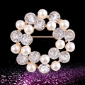 Elegant gold round floral brooch with creamy pearls and faceted crystals for women - xz4021 Gold Wreath