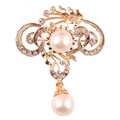 Elegant gold flower brooch with radiant pearls and sparkling crystals on white background - xz4025 Scroll Pearl
