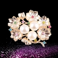 Floral gold brooch with pearls and colorful rhinestones on a starry purple base - xz4014 Colorful Rhinestone