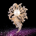 Elegant gold flower brooch with a large white pearl and sparkling rhinestones - xz4029 Flower Leaf Pearl