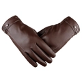 Brown faux leather touchscreen winter gloves for men featuring warm lining for outdoor cycling - Classic Buckle Strap Style / Brown