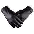 Men's thermal black PU leather touchscreen gloves with adjustable metal buckle closure - Classic Buckle Strap Style / Black