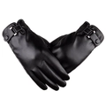 Men's black PU leather touchscreen gloves with metallic buckle and white stitching details - Square Buckle Style / Black
