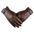 Brown PU leather touchscreen winter gloves with wrist strap buckle and soft lining - Square Buckle Style / Brown
