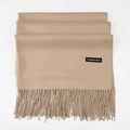 Elegant camel beige cashmere winter scarf with fringe detail and luxury material label - Khaki