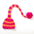 Handmade knitted baby long tail Christmas hat with pink and orange stripes and pom-pom - Rose Red Border