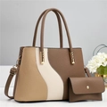 Litchi pattern PU leather tote bag set with contrasting S-shape wave design and gold hardware - Khaki