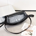 Elegant black crocodile pattern handbag with glossy finish and silver square metal lock - Black