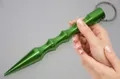 Macro detail of a green aluminum kubotan featuring ergonomic finger grooves and a sharp tip - Pointed Head Neon Green