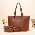 4-piece brown pebbled leather handbag set with tote, wallet, and storage pouches - Red Brown
