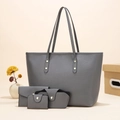 Gray four-piece faux leather bag set including large tote and wallets with lychee texture - Gray