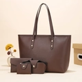 4-piece set of dark brown faux leather tote bag with wallet, card holder and case - Coffee