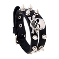 Men's punk leather bracelet with silver skull charm and double rows of metal rivets - Black Cowhide Rivet Skull Style