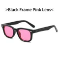 Square black frame sunglasses with vibrant pink lenses and metal rivet accents - Black Frame Pink Lens