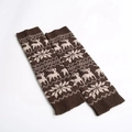 Detailed knit texture of reindeer and snowflake winter pattern leg warmers in coffee brown - Dark Coffee/Beige