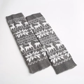 Close-up of gray knitted leg warmers featuring white elk and snowflake patterns - Medium Grey/White