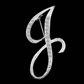 Silver cursive letter J brooch with sparkling rhinestones on black background - Letter J / Silver