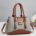 Two-tone grey and brown leather handbag with top handles and adjustable shoulder strap - Gray
