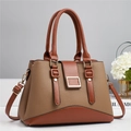 Fashionable khaki and brown patchwork leather handbag with gold hardware and shoulder strap - Dark Khaki