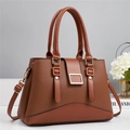Classic dark brown pebble leather trapezoid handbag with gold hardware and shoulder strap - Khaki/Earth Yellow