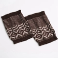 Close-up of knit leg warmers with brown and beige jacquard geometric wave patterns - Dark Coffee/Beige