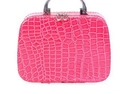 Pink faux leather makeup case with crocodile texture and sturdy metal handle - Rose Red