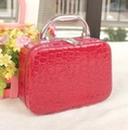 Red crocodile texture PU leather makeup case with silver handle and dual zippers - Burgundy