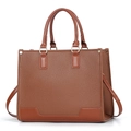 Classic brown lychee grain leather tote bag with adjustable shoulder strap and double handles - Khaki/Earth Yellow