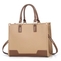 Two-tone khaki and brown tote bag in textured leather with a minimalist square shape - Khaki