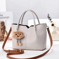 Fashionable macaron gray patchwork tote bag with cute cloud charm and brown shoulder straps - 23cm x 10cm x 18cm / Gray