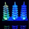 Three glowing LED crystal towers in green and blue light for night market gifts - Acrylic Pagoda Lamp