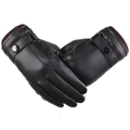 Men's black PU leather winter gloves with knitted cuffs and metal buckle detail - Washed Leather With Knit Cuff / Black